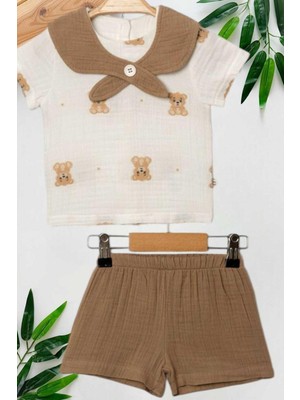 Dinamik çocuk Avcı Yaka Ayıcık Raporlu Müslin 2li Takım Unisex Kız Erkek Bebek Yazlık Alt Üst Aylık