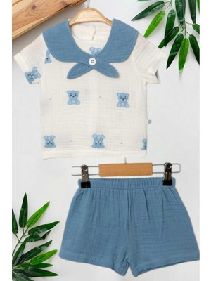 Dinamik çocuk Yaka Detaylı Ayıcık Raporlu Müslin 2li Takım Unisex Kız Erkek Bebek Yazlık Alt Üst Aylık