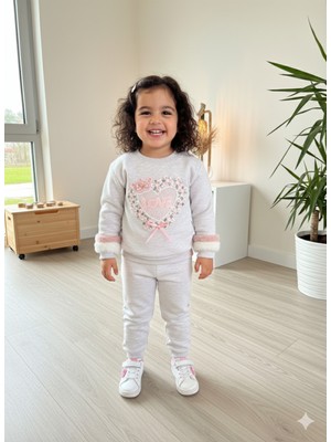 Şimo Butik Kız Çocuk Peluş Detaylı Kabartmalı Kalın Takım Cepli %100 Pamuk Kalpli