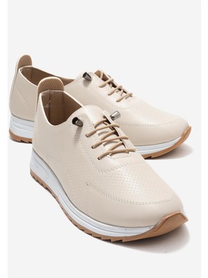 Ccway Kum Baskılı Yumuşak Tabanlı Kadın Ayakkabı Bej Cilt