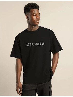 Moda Unisex Bisiklet Yaka Oversize Baskılı T-Shirt - Siyah