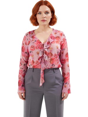 Ersefa Büyük Beden Kadın V Yaka Tül Ekose Desenli Bağcıklı Bluz Kaliteli Şık Rahat Modern Zarif Günlük