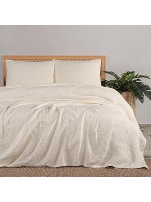 Tekstıl Müslin Yatak Örtüsü Seti Çift Kişilik, Şık Düz Renk 100% Pamuk 4 Kat Muslin Yastık Kılıflı Pike Takımı, Denizli Üretimi (Natural Renk, Çift Kişilik Set (230X250 Cm))