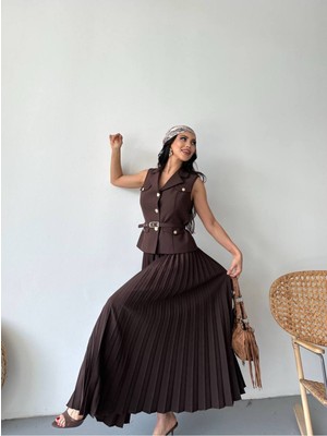 Bella Breeze Kadın Kemerli Düğmeli Yelek Pileli Etek Takım Elbise