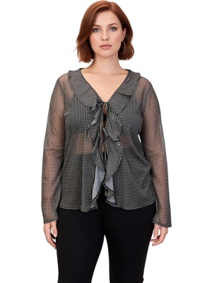 Ersefa Büyük Beden Kadın V Yaka Tül Ekose Desenli Bağcıklı Bluz Kaliteli Şık Rahat Modern Zarif Günlük