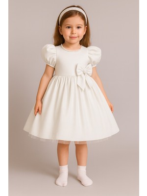 Kız Çocuk Ön Arka Fiyonk Detaylı Yaka Incili Balo Parti Mezuniyet Doğum Günü Elbise