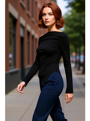 PayBuy Kadın Bordo Drapeli Kayık Yaka Asimetrik Esnek Uzun Kol Örme Bluz Günlük Kombinler Için Ideal Bir