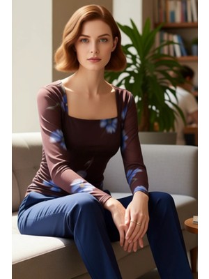 FRM Kadınlar Için Kare Yaka Drape Detaylı Uzun Kollu Çiçek Desenli Örme Üst Kaliteli Şık Rahat