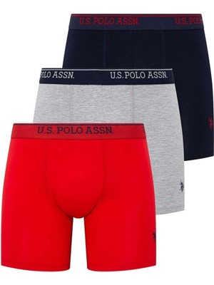 U.S. Polo Assn. Uzun Paça Erkek Boxer Kırmızı Gri Lacivert 3'lü Paket L Beden