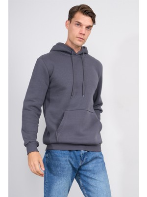 Çetinkaya Mentality 3035 3 Ip Kapşonlu Düz Koyu Gri Sweatshirt