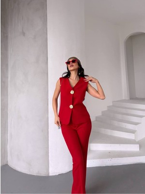 Bella Breeze Kadın Gold Kurabiye Düğmeli Yelek Pantolon Takım Elbise