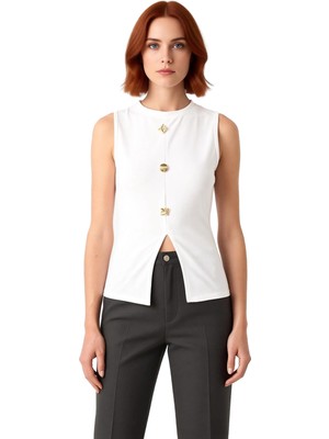 Ersefa 100 Polyester Scuba Krep Kadın Yazlık Örme Yelek Bisiklet Yaka Regular Günlük Kullanım Için