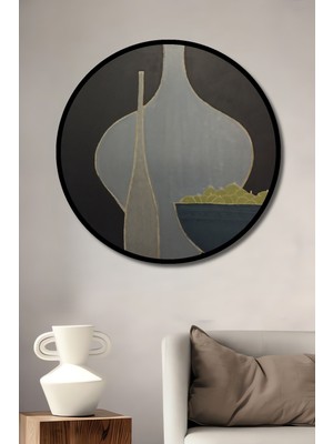 Teona Ahşap Dekoratif Ahşap Yuvarlak Çerçeve Görünümlü Tablo Gri Vazo ve Kase