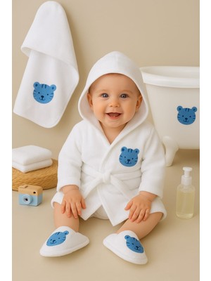 Bebe Kervanı Erkek Bebek %100 Pamuklu Naturel Sevimli Aslan Bornoz Takımı 0-2 Yaş Bebek Hediyesi BBK1105