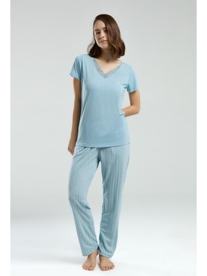 Pierre Cardin Dantelli Geniş V Yaka Kısakol Cepli Pijama Takım