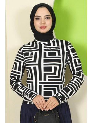 Labirent Desenli Bisiklet Yaka Body Beyaz HM2824