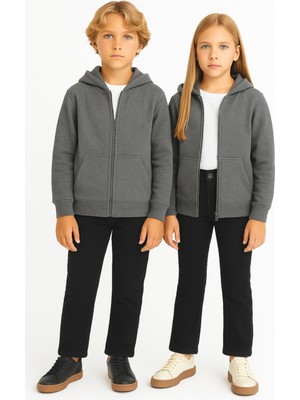 Ahengim Kız - Erkek Çocuk Basic Fermuarlı Kalın 3 Iplik Kışlık Okul Sweat AK1815