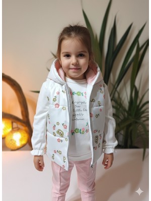Şimo Butik Kız Bebek Çiçekli Üçlü Takım (Omuzdan Çıtçıtlısweatshirt+ Kapşonluyelek+Pantolon)