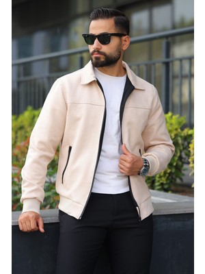 Baselco Erkek Slim Fit Polo Yakalı Mevsimlik Astarlı Süet Ceket Suni Deri Konfor