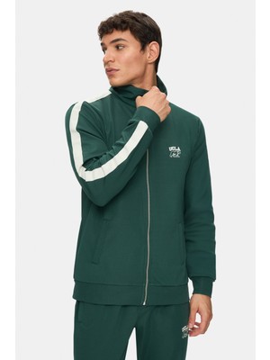 Ucla Halston Koyu Yeşil Fermuarlı ve Cepli Baskılı Standard Fit Erkek Sweatshirt