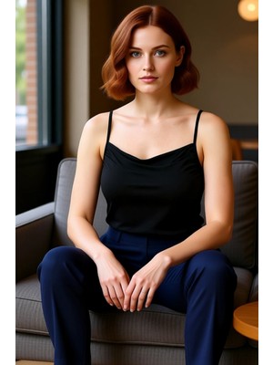 FRM Moda Büyük Beden Degaje Yaka Örme Fit Düz Desen Casual Günlük Regular Askılı Kol Bluz