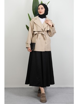Kemer Detay Kısa Trenç Krem