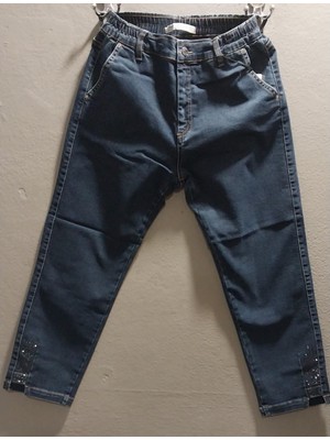 Double TT Kadın Beli Lastikli Paça Taş Detaylı Bilek Boy Full Likralı Üst Düzey Büyük Beden Jeans Pantolon