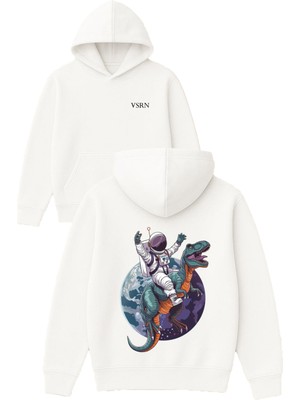 Vsrn Astronot ve Dinazor Uzayda Tasarım Baskılı Oversize Beyaz Kapüşonlu Sweatshirt
