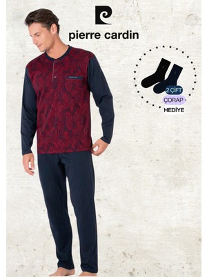 Pierre Cardin Erkek %100 Pamuk Uzun Kol Jakarlı 2'li Bordo Pijama Takımı (2 Adet Hediye Çorap) L1.PC.6111.001
