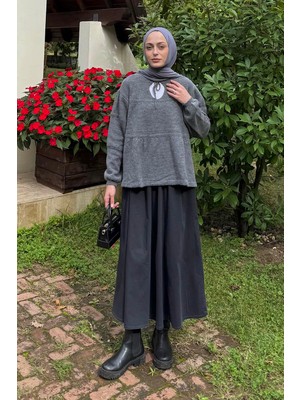 Lamelif Yakası Bağcıklı Triko Kazak Antrasit