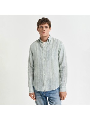 Gant Erkek Yeşil Regular Fit Düğmeli Yaka Çizgili Gömlek