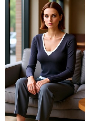 FRM Kadın Pamuklu Elastan V Yaka Uzun Kollu Fitted Bluz Günlük Şıklık Kaliteli Şık Rahat Modern