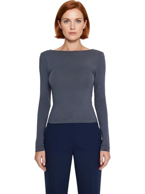 Ersefa Kadın Likralı Penye Süprem Bluz Fitted Kalıp Kayık Yaka Uzun Kollu Basic Siluet Şık ve Konforlu