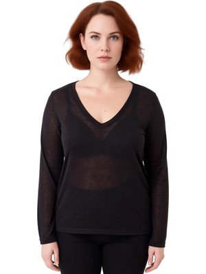 Ersefa Kadın Büyük Beden V Yaka Flamlı Süprem Uzun Kollu Üst Kaliteli Şık Rahat Modern Zarif Günlük