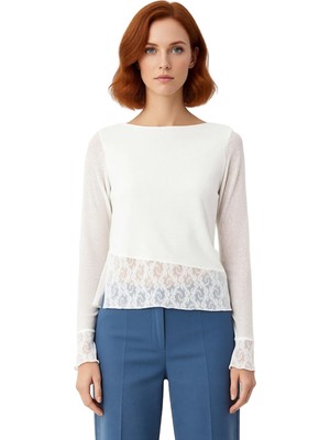 Ersefa Kadınlar Için Kayık Yaka Dantel Detaylı Esnek Örme Bluz Kaliteli Şık Rahat Modern Zarif Günlük