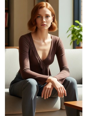 FRM Kadın Regular Regular Kalıp Örme Anvelop Triko Görünümlü Normal Kalıp Bluz