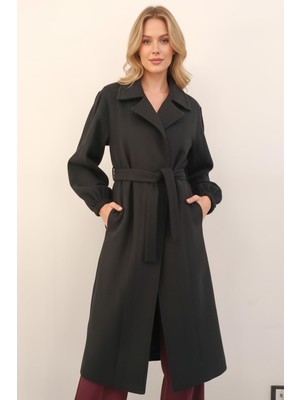 Rays Siyah Belden Bağlamalı Uzun Kaşe Kadın Kaban 3062A