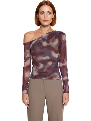 Ersefa Moda Asimetrik Yaka Örme Slim Çiçekli Desen Casual Günlük Regular Uzun Kol Bluz