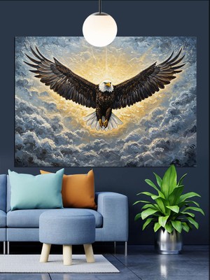 Tablo Mega Uçan Kartal Bulutlu Gökyüzü Dekoratif Kanvas - Mdf Ahşap Tablo