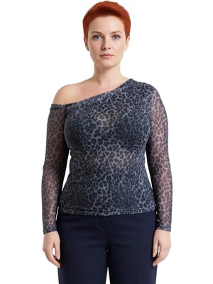 Ersefa Moda Büyük Beden Asimetrik Yaka Örme Slim Baskılı Desen Casual Günlük Regular Uzun Kol Bluz