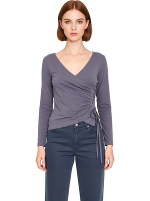 Ersefa Kadın V Yaka Kruvaze Bağcıklı Fitted Uzun Kollu Örme Üst Kaliteli Şık Rahat Modern Zarif Günlük