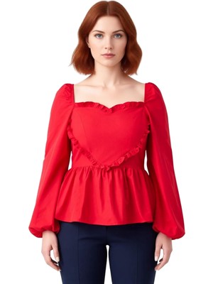 Ersefa Genç Kadın Kalp Yaka Balon Kol Dokuma Bluz Kaliteli Şık Rahat Modern Zarif Günlük