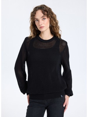 Jeep Bisiklet Yaka Relaxed Ajurlu Siyah Kazak Kadın J5WL-KZK7003