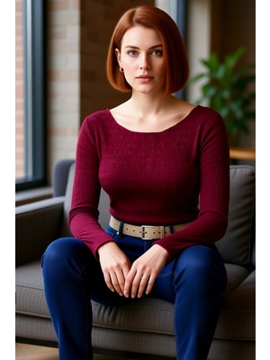 FRM Kadın Vücuda Oturan Dokulu Esnek Örme Bisiklet Yaka Üst Kaliteli Şık Rahat Modern Zarif Günlük