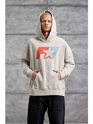 Krem F1 Baskılı Kapüşonlu Oversize Sweatshirt