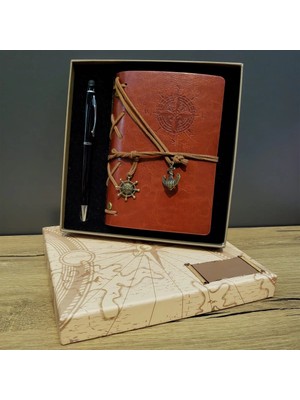 Ronanna Kahverengi Pusula Tasarım Deri Defter ve Siyah Kalem Seti