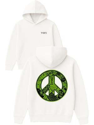 Vsrn Yeşil Sembol Tasarım Baskılı Oversize Beyaz Kapüşonlu Sweatshirt