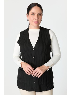Accort Büyük Beden Cep Detaylı Triko Yelek-Siyah