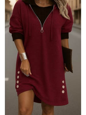 Arben Boutique Kadın Uzun Kollu Kapşonlu Önden Fermuarlı Düğmeli Mini Iki Iplik Elbise