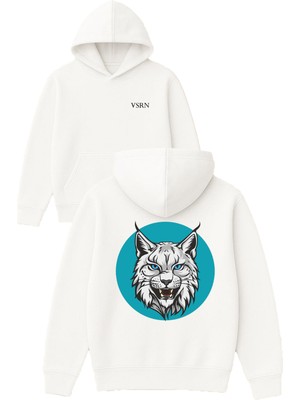 Vsrn Mavi Gözlü Kedi Tasarım Baskılı Oversize Beyaz Kapüşonlu Sweatshirt